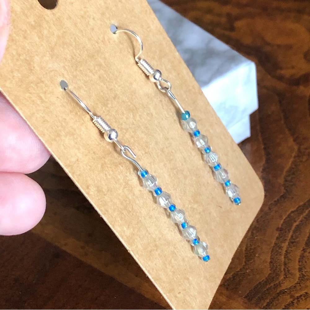 Handcrafted clear bicone and blue beaded dangle earrings - Picture 2 of 4